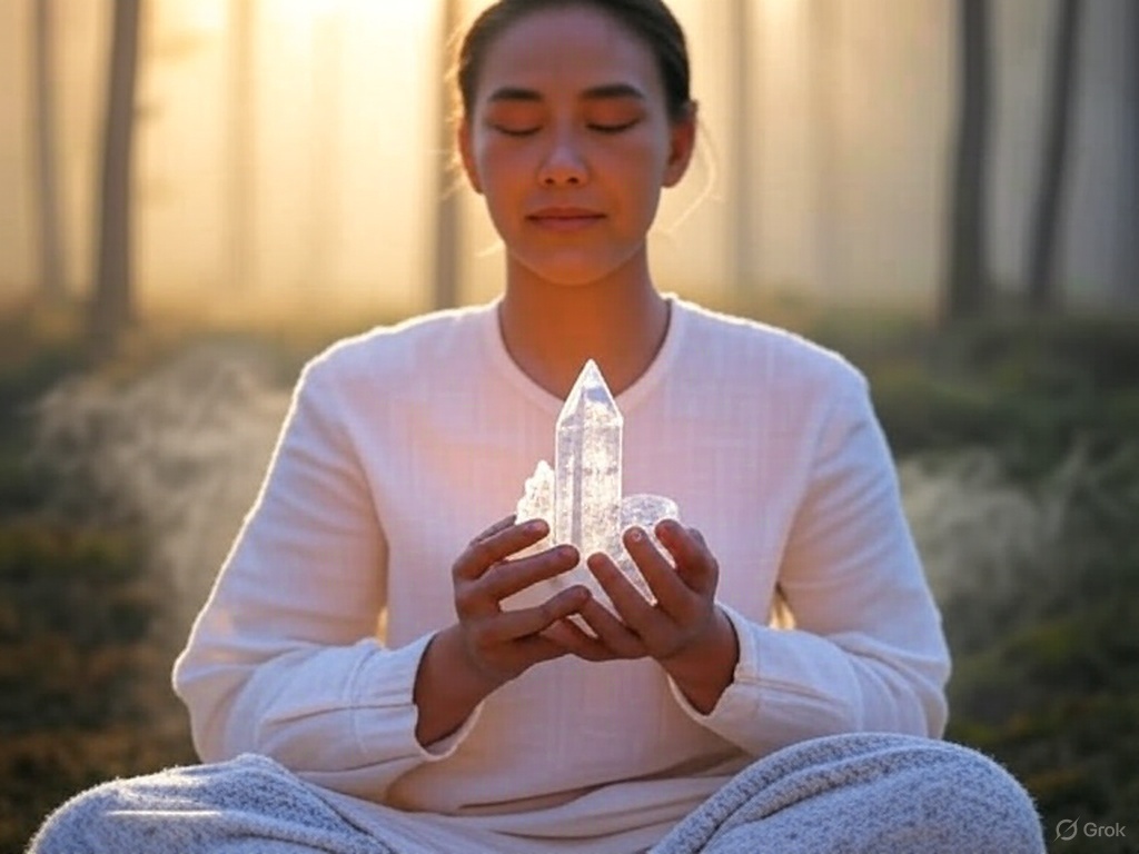 Person meditating with quartz crystals